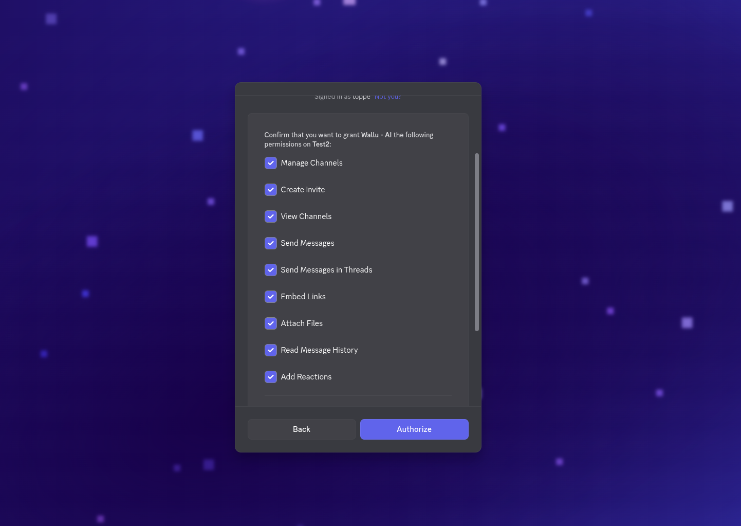 Screenshot of Discord OAuth2 authorization screen showing required permissions for Wallu bot