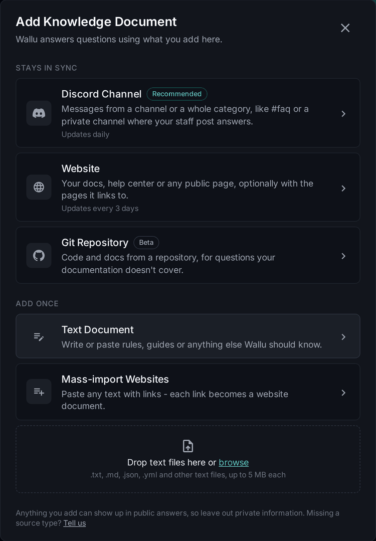 Screenshot of the Add Knowledge Document dialog in the Wallu admin panel listing Discord Channel, Website and Git Repository sources that stay in sync, plus Text Document, Mass-import Websites and a drop zone for text files