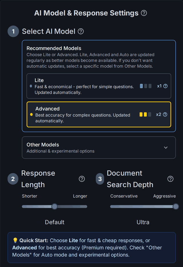 Screenshot of the AI Model &amp; Response Settings card on the Wallu admin panel settings page: Lite (x1) and Advanced (x2) recommended models, Other Models, and the Response Length and Document Search Depth sliders