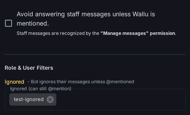 Screenshot of the Wallu admin panel settings page showing the "Avoid answering staff messages unless Wallu is mentioned" checkbox and the Ignored list under Role &amp; User Filters
