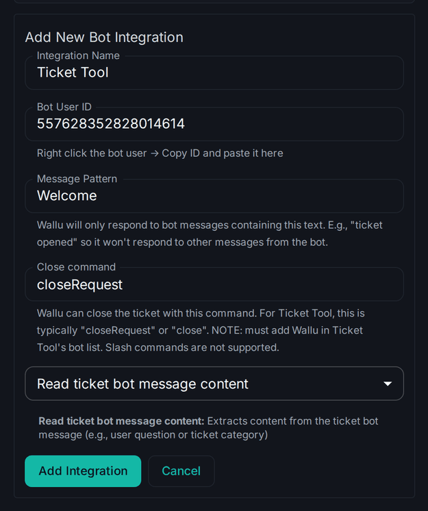 Screenshot of the Add New Bot Integration form on the Wallu admin panel settings page, filled in for Ticket Tool with bot user ID, message pattern "Welcome" and close command "closeRequest"
