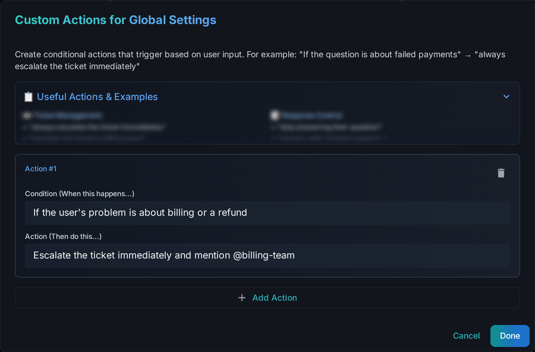 Screenshot of the Custom Actions dialog in the Wallu admin panel with one action: condition "If the user's problem is about billing or a refund", action "Escalate the ticket immediately and mention @billing-team"