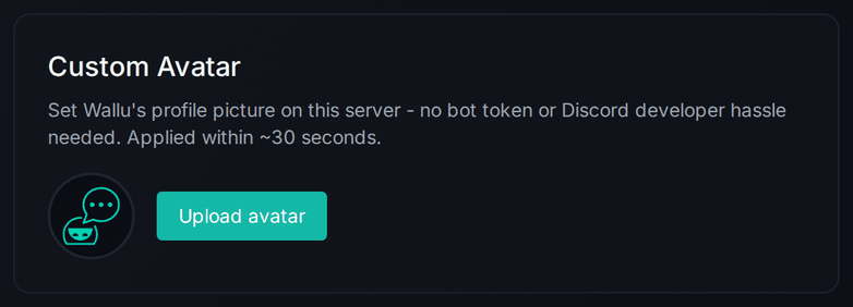 Screenshot of the Custom Avatar section on the Wallu admin panel Customize Bot page with the current avatar and an Upload avatar button