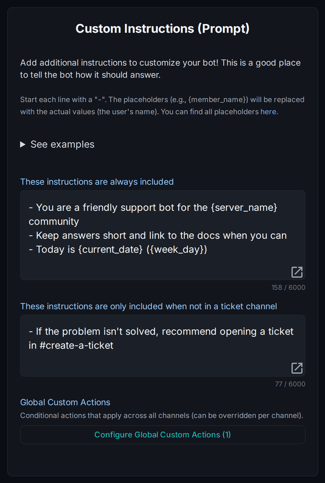 Screenshot of the Custom Instructions (Prompt) card on the Wallu admin panel settings page, with a "Today is current_date (week_day)" line in the always-included instructions