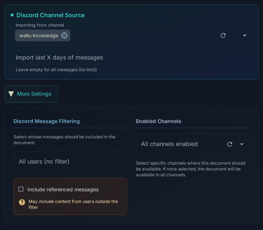 Screenshot of the Discord Channel Source section of a document in the Wallu admin panel with More Settings open: the channel picker, Import last X days of messages, Discord Message Filtering with Include referenced messages, and Enabled Channels