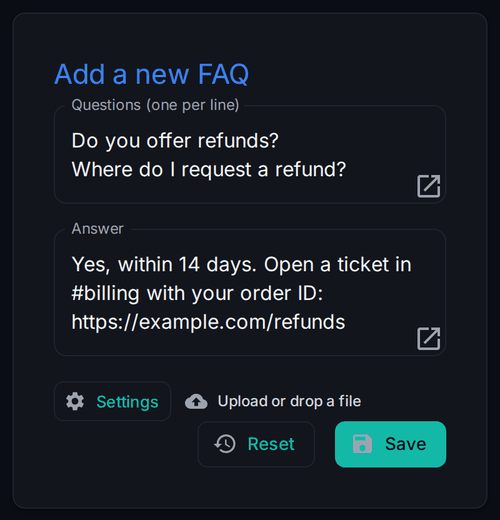 Screenshot of the Add a new FAQ form in the Wallu admin panel with two questions about refunds, one per line, and a short answer with a link