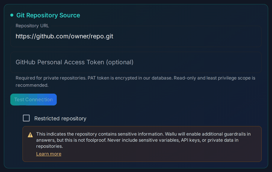 Git Repository Source settings in the Wallu panel