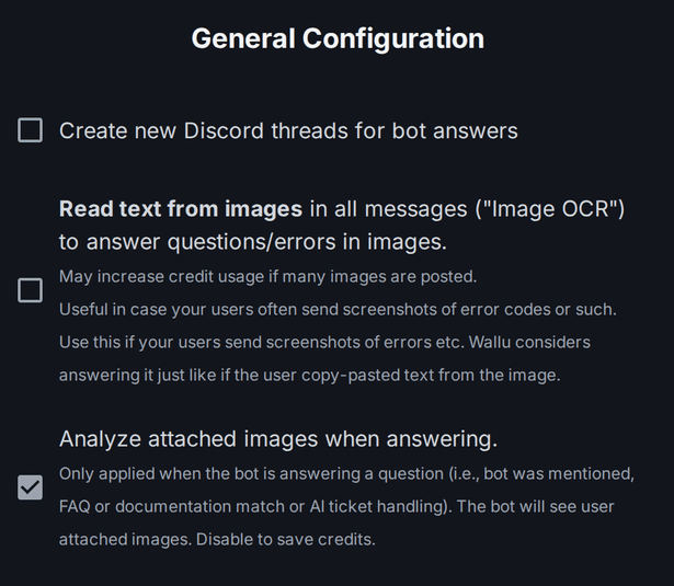 Screenshot of the General Configuration card on the Wallu admin panel settings page with the "Read text from images in all messages" (OCR) and "Analyze attached images when answering" options