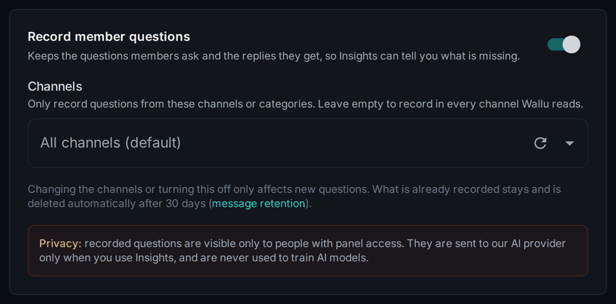 Screenshot of the Record member questions card with recording turned on, the Channels picker set to all channels, and the privacy note