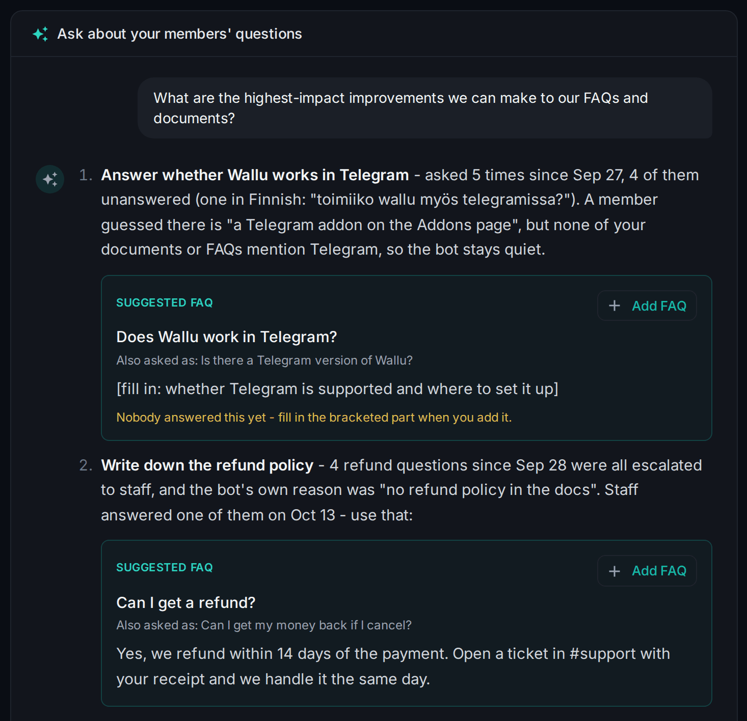 Screenshot of the Wallu Insights page: the chat lists improvements for the knowledge base, with a suggested FAQ about refunds and an Add FAQ button