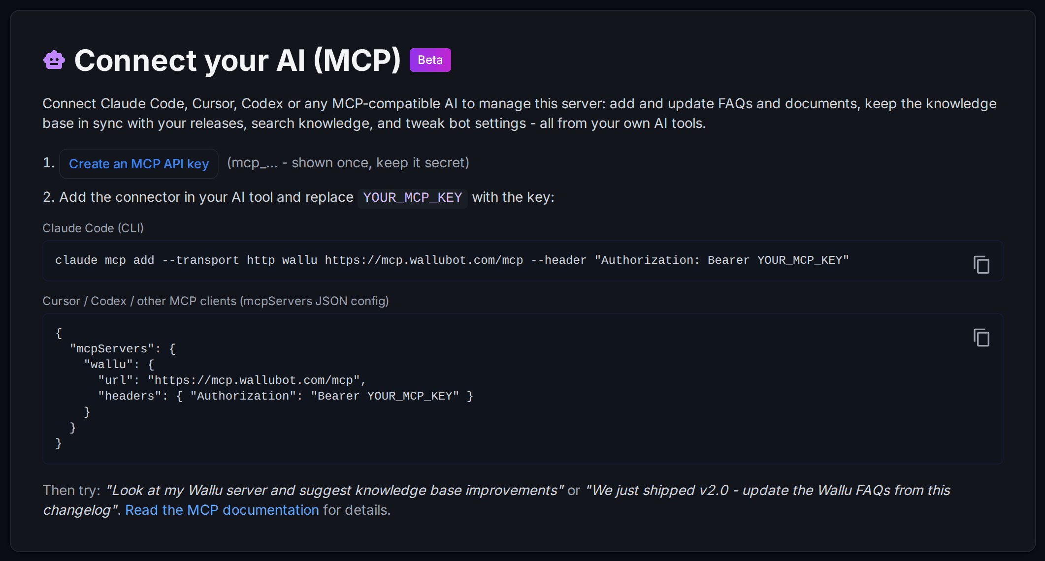 Connect your AI (MCP) card on the Wallu panel's Addons page