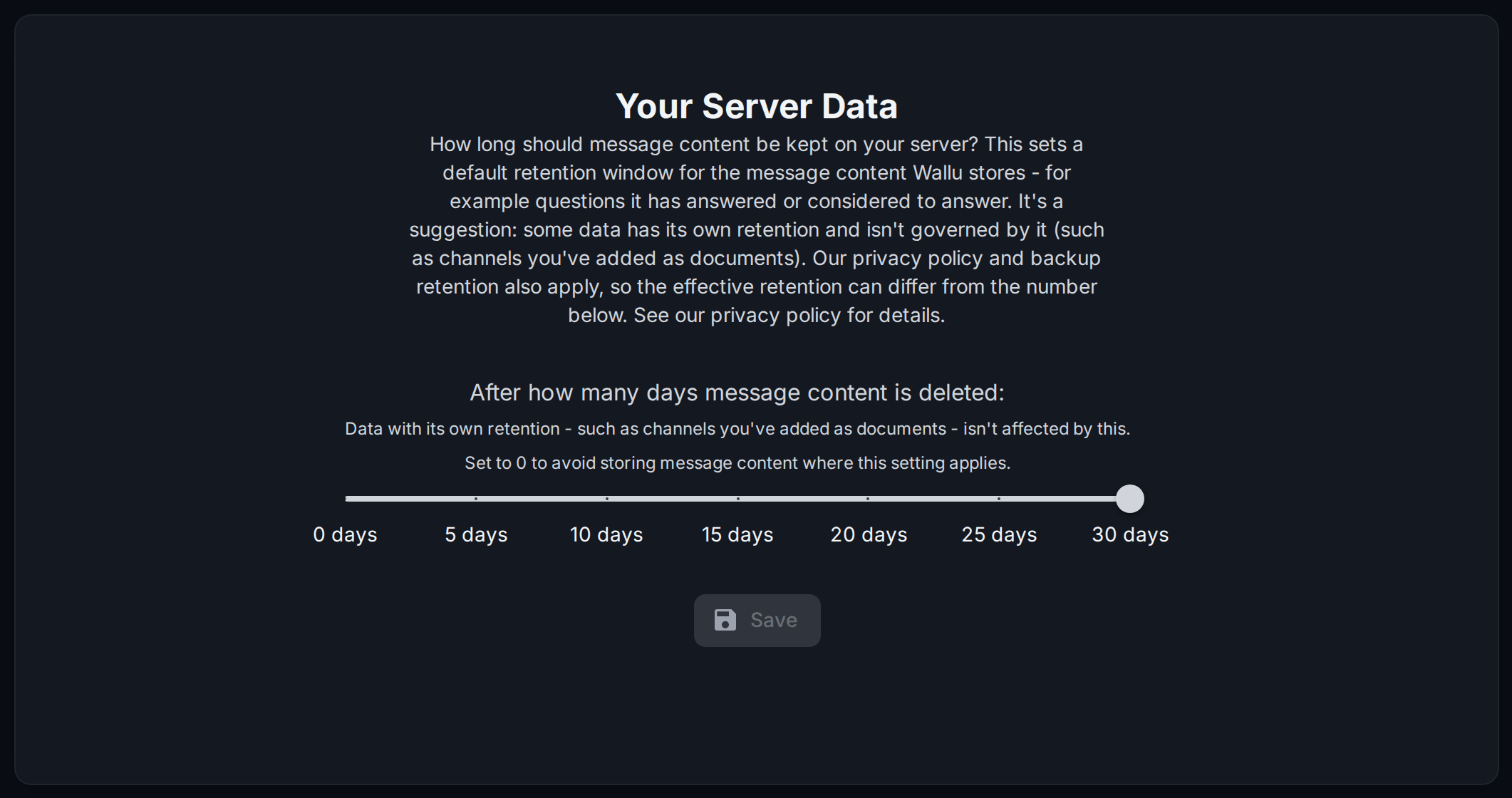 Screenshot of the Message Retention tab in the Wallu admin panel: the "After how many days message content is deleted" slider from 0 to 30 days