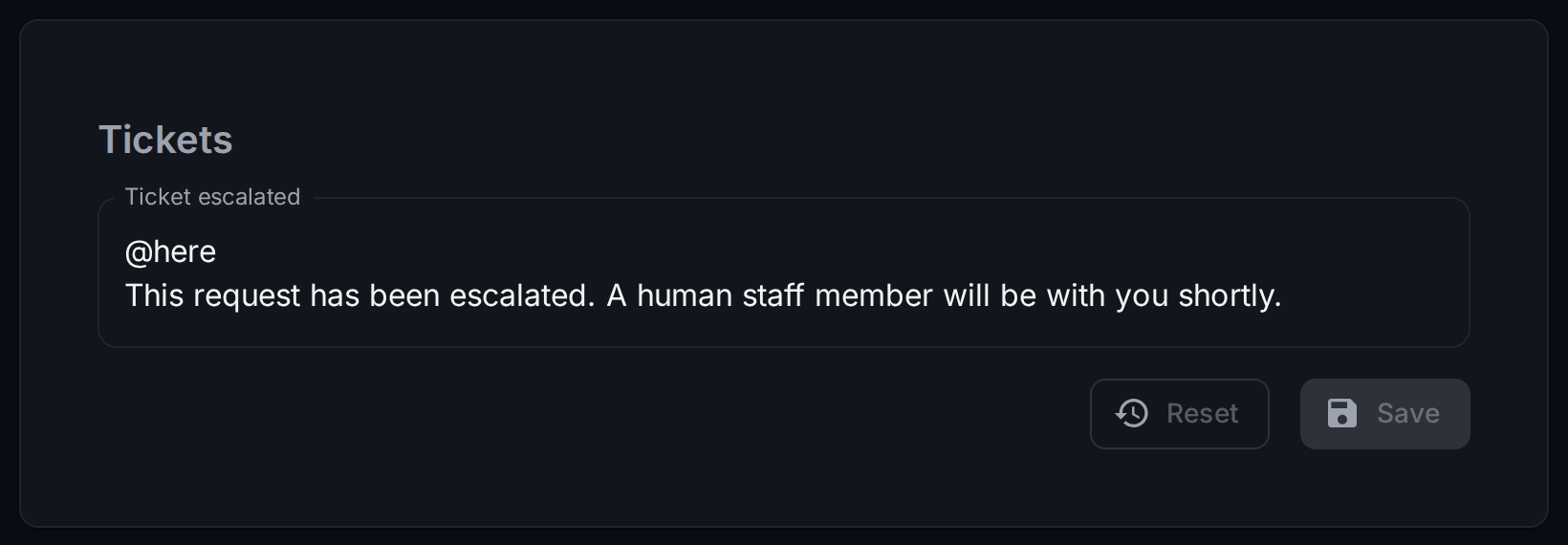 Screenshot of the Tickets group on the Wallu admin panel Messages page with the default Ticket escalated message: "@here This request has been escalated. A human staff member will be with you shortly."