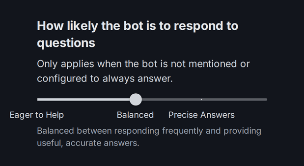 Screenshot of the "How likely the bot is to respond to questions" slider in the Chatbot Response Style card, set to Balanced between Eager to Help and Precise Answers