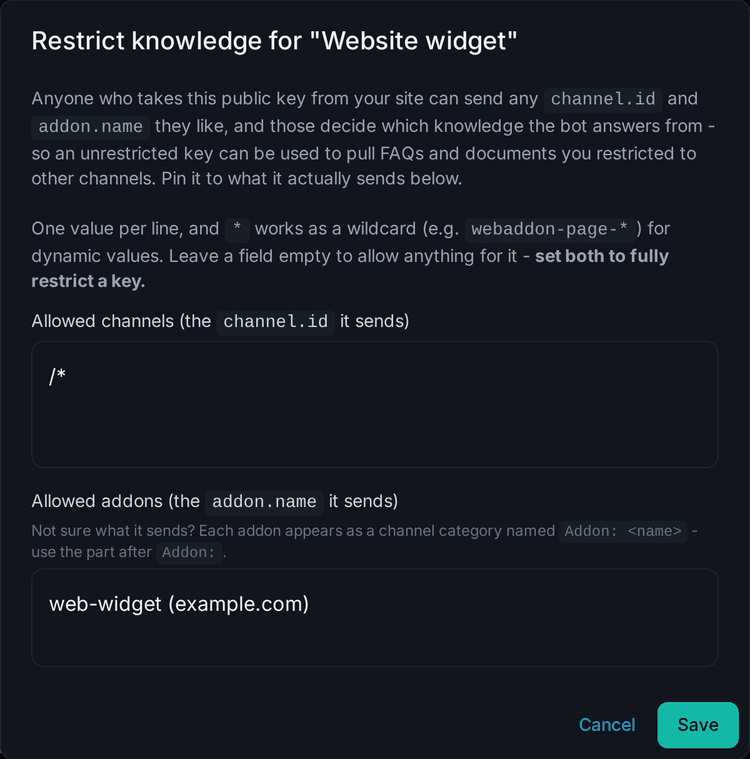 Screenshot of the Restrict knowledge dialog for a public API key in the Wallu admin panel, with allowed channels "/*" and allowed addons "web-widget (example.com)"