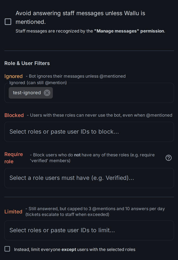 Role &amp; User Filters in the Wallu panel settings, including Require role
