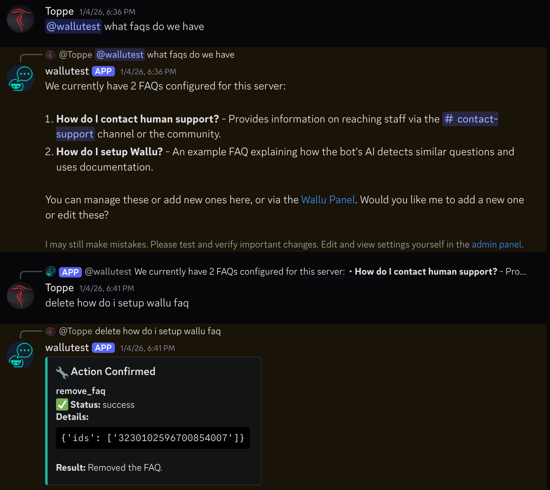 Wallu Setup Agent in action listing and deleting FAQs
