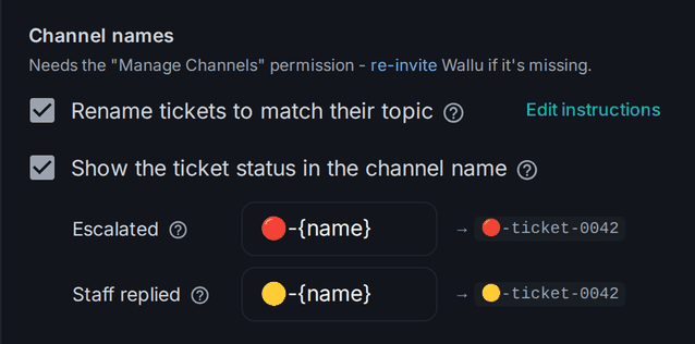 AI Ticket Renaming settings in the Channel names section of the Ticket System Mode card