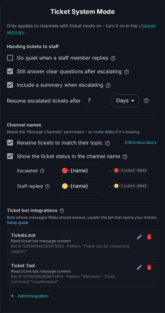 Screenshot of the Ticket System Mode card on the Wallu admin panel settings page, with options for handing tickets to staff, ticket channel names and ticket bot integrations