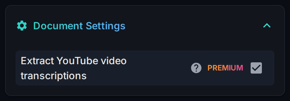 Screenshot of the Document Settings section on the Wallu admin panel Documents page with the Extract YouTube video transcriptions option enabled