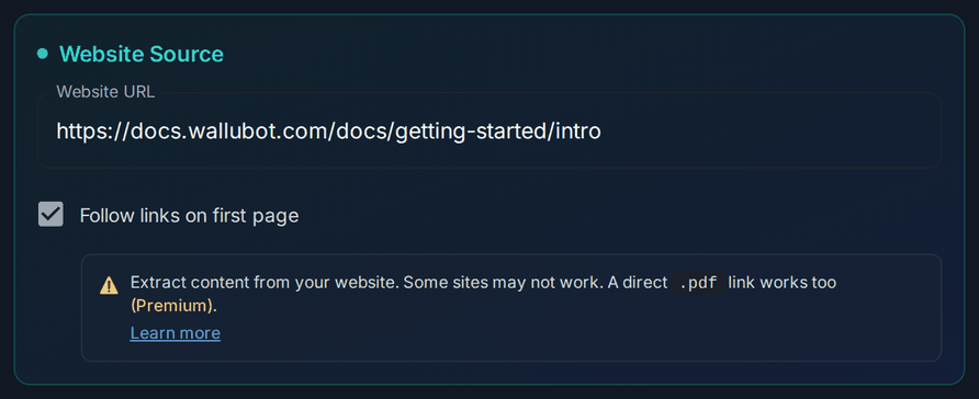 Screenshot of the Website Source section of a document in the Wallu admin panel, with a documentation URL and Follow links on first page enabled
