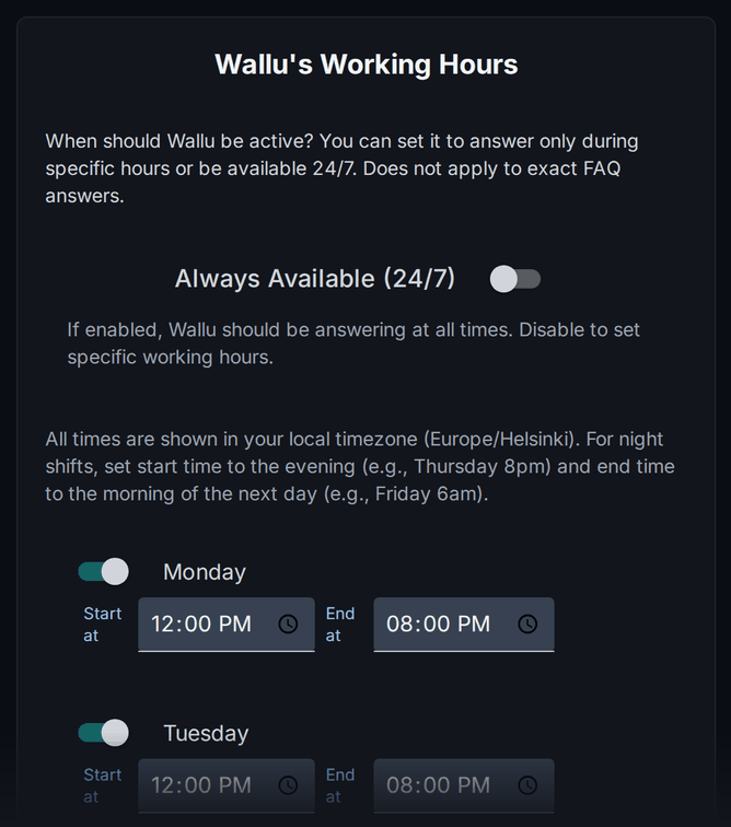 Screenshot of the Wallu's Working Hours card on the settings page, with Always Available (24/7) turned off and Monday and Tuesday scheduled from 12:00 PM to 08:00 PM
